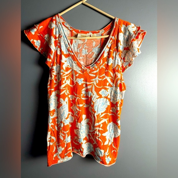 Maeve by Anthropologie Catie Ruffle Sleeve Floral Tee Orange XS 17" PTP - Picture 1 of 4